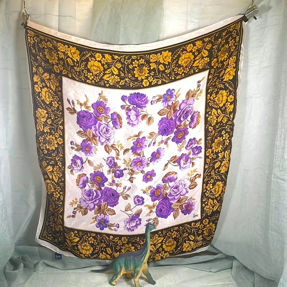 Honey 100% Silk Purple and Gold Floral Vintage Scarf